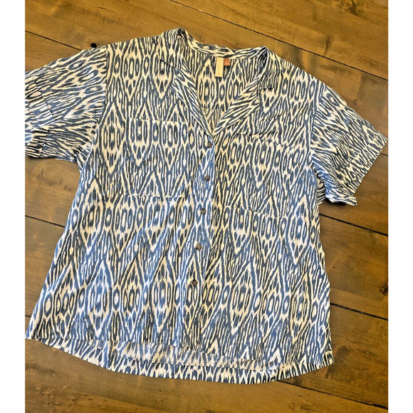 Pilcro anthropologie Button Up short sleeve casual blue geometric medium blouse - Picture 1 of 9